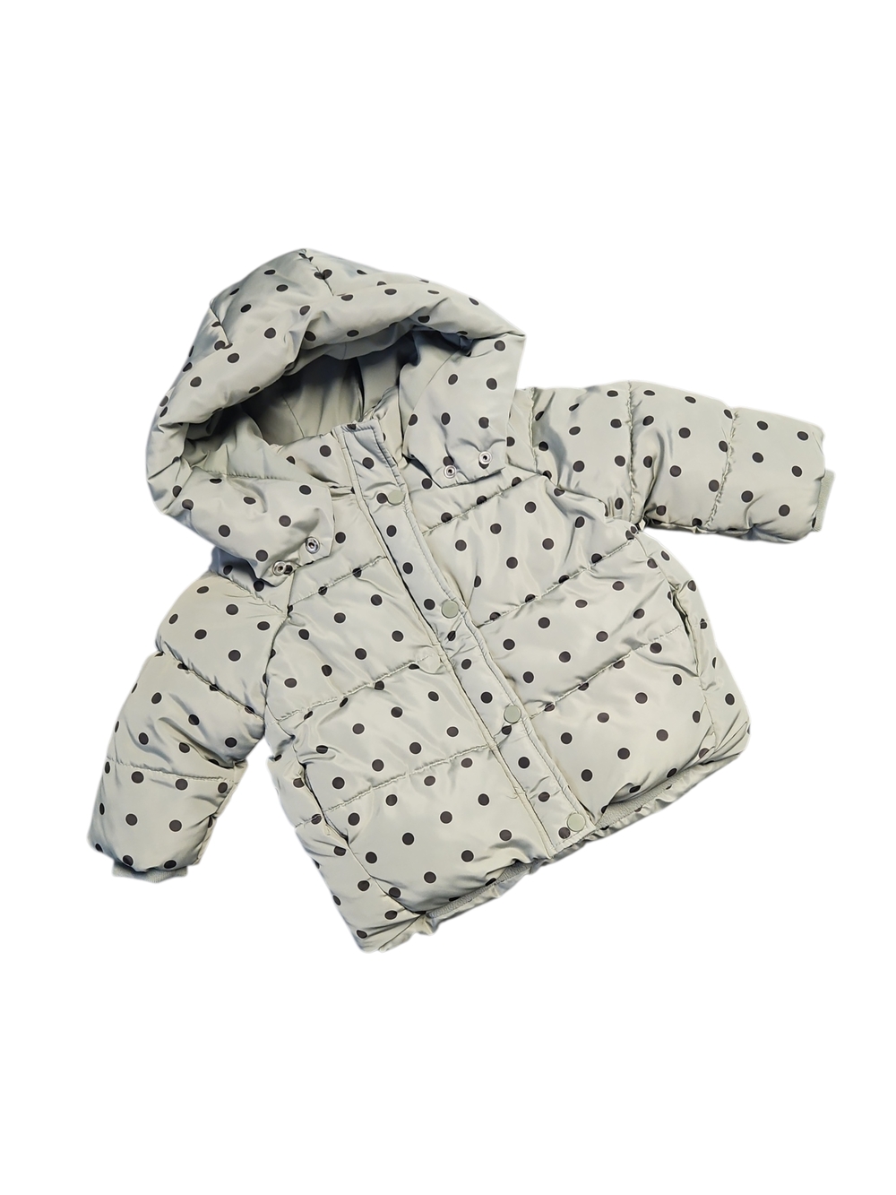 Zara Baby Mint Green Polka Dot Black Puffer Jacket W/ Hoodie Size 18-24 Months